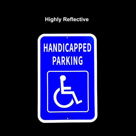 Heavy Duty Aluminum Handicap Parking Sign Ada Compliant Reflective Metal Plaque, bright blue color, 18x12 inches, outdoor use.