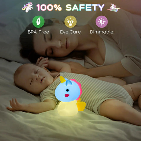 Unicorn Night Light For Kids With Dimmable Multi Color Glow Rechargeable Silicone Unicorn Lamp beside sleeping baby