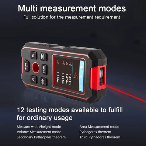 Heavy Duty Stud Finder Wall Scanner With 60 Ft Laser Measure Built In Digital Spirit Level showing its multifunctional display and laser.
