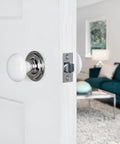 Old School Retro Vibe Classic Rosette White Porcelain Round Door Knob for Interior Doors on a modern living room door