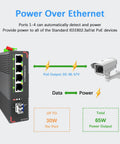 Industrial 5-Port PoE Gigabit Din Rail Ethernet Switch With 4 PoE Plus Ports, 65W Total PoE, showing camera connection and power indicators