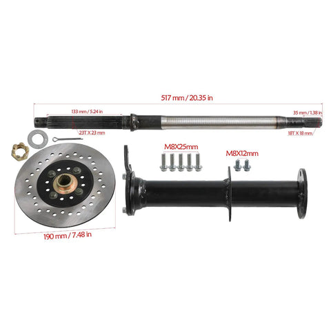 Badass Heavy Duty Rear Axle Kit For Go Kart And Dolly With 48 Volt 1000 Watt Brushless Motor and Speed Controller components layout with sizes.