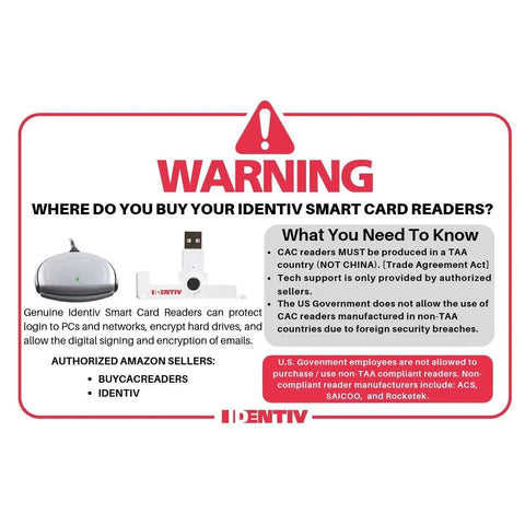Warning sign about buying Identiv smart card readers with image of Utrust 3700 F Contactless Smart Card Reader With NFC Capability
