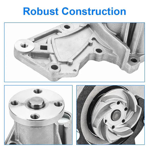 Heavy Duty Direct Fit Water Pump With Gasket Straight Shot Install For Ford Escape Fiesta Fusion Transit Connect 1.6L L4 Engine Replacement 2011 2012 2013 2014 2015 2016 2017 2018 2019 Rock Solid Cooling Repair robust aluminum housing close-up with high-quality seals.