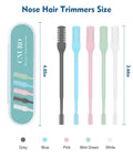 Five Color 360 Degree Rotating Nose Hair Trimmer Set With Double Sided Blades, shown in grey, blue, pink, mint green, and white.
