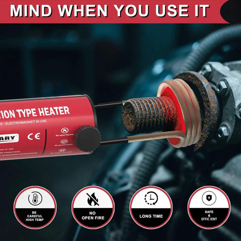 Red handheld 1200W induction heater tool applying heat to a rusty bolt with a coil ring
