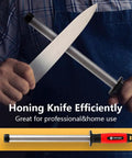 Hands using 10 Inch Diamond Knife Sharpener Rod For Kitchen And Outdoor Knives Pro Grade For Master Chefs Hunters And Home Gourmets Diamond Steel Sharpening Rod For Stainless And High Carbon Steel.