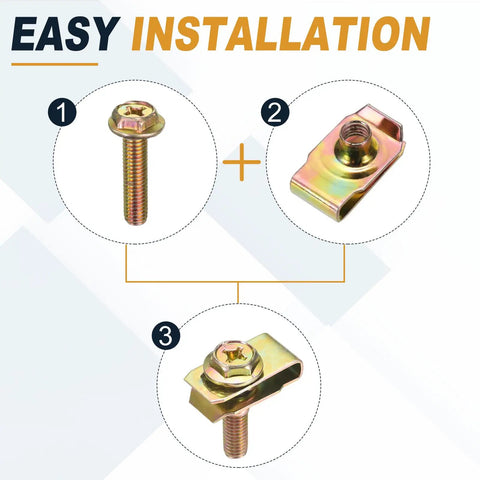 20 Piece M6 Body Bolts And U Nuts Kit For Bumper And Fender Liner Replacement, Manganese Steel Fasteners For Most Cars, Easy Install, DIY Friendly And Secure Fastening With Durable U Nuts And Bolts. easy installation steps for M6 bolt and U nut kit