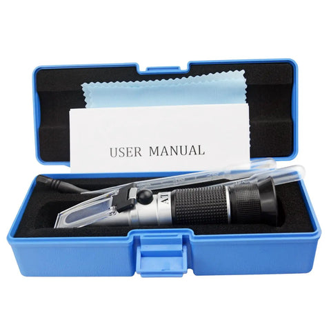 3 In 1 Honey Refractometer With ATC For Honey Moisture Brix And Baume Readings 12 27 Percent Moisture 58 90 Percent Brix 38 43 Percent Baume For Honey Maple Syrup And Molasses Beekeeping Essential in blue case with manual and cloth