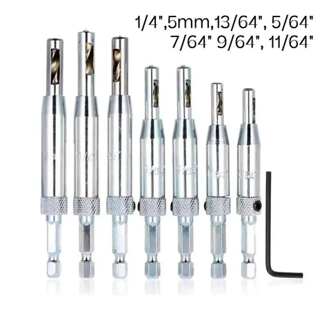 Heavy Duty Self Centering Hinge Drill Bit Set For Cabinet Hardware Installation HSS Steel Woodworking Kit shown with various sizes.