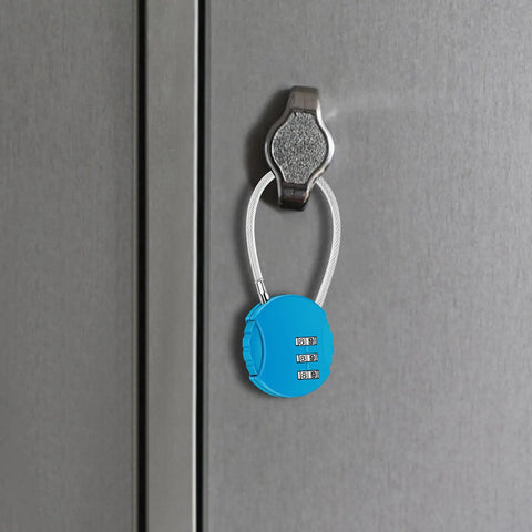 Blue 2 Pack 3 Digit Outdoor Waterproof Padlocks for lockers and luggage, attached to a locker handle