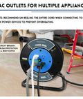 Heavy Duty Extension Cord Reel With 4 Grounded Outlets Open Cord Roller for 12/3 Power Cords in garage setting