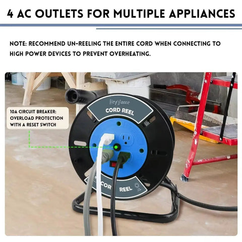 Heavy Duty Extension Cord Reel With 4 Grounded Outlets Open Cord Roller for 12/3 Power Cords in garage setting
