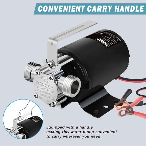 Portable 12V DC Water Transfer Pump, 330 GPH Sump Utility Pump With Hose Kit, 0.1 HP, lightweight with convenient carry handle.