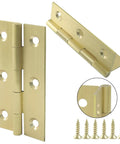 Built Rock Solid 3 Inch Mini Brass Hinges, Zero Hassle Cabinet Door Hardware Kit With Gold Screws showing angled view and screws.