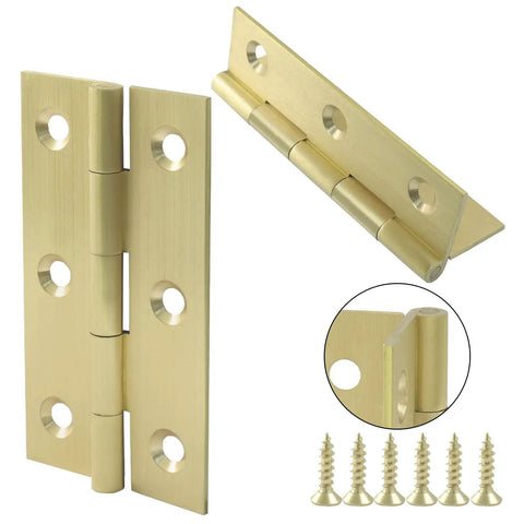 Built Rock Solid 3 Inch Mini Brass Hinges, Zero Hassle Cabinet Door Hardware Kit With Gold Screws showing angled view and screws.