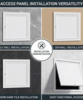 Slick White Attic Access Panel Door For Drywall Featuring Smooth Pull Open Design And Hella Sturdy Aluminum Frame Build Hidden Inspection Hatch Cover For Plumbing Vent Systems 20X29 Inch installation options on drywall and tile.