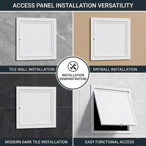 Slick White Attic Access Panel Door For Drywall Featuring Smooth Pull Open Design And Hella Sturdy Aluminum Frame Build Hidden Inspection Hatch Cover For Plumbing Vent Systems 20X29 Inch installation options on drywall and tile.