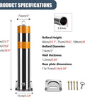 Hella Sturdy Heavy Duty Stainless Steel Safety Bollards 2 Pack Removable Parking Barrier Posts specifications image with height and diameter details.