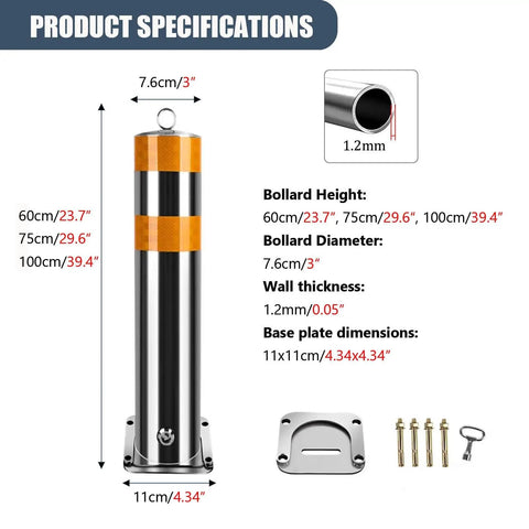 Hella Sturdy Heavy Duty Stainless Steel Safety Bollards 2 Pack Removable Parking Barrier Posts specifications image with height and diameter details.