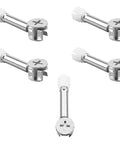 Heavy Duty Metal Furniture Connector Kit Featuring Hella Sturdy Cam Lock Fittings showing 5 cam lock fittings with white sleeves.