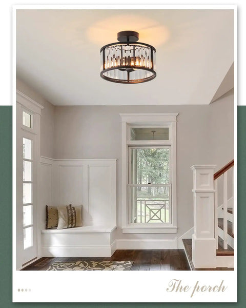 Black Flush Mount Ceiling Light Two Light Crystal Chandelier With Caged Drum Design in modern entryway
