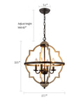 Sphere Farmhouse Orb Chandelier In Oak White And Brown Finish - Rustic 4 Light Vintage Hanging Fixture dimensions shown