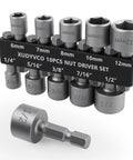 Pro Grade 10 Piece Nut Driver Set For Impact Drill With Metric And SAE Nut Driver Bits, Ridge Design 1/4 Hex Shank