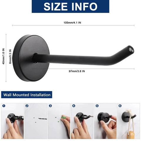 Heavy Duty 304 Stainless Steel Wall Mount Coat Hooks 6 Pack Matte Black Long Nose Design for hats, coats, robes installation guide