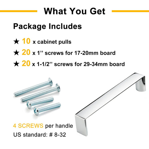 10 Pack 5 Inch Polished Chrome Cabinet Pulls For Kitchen Cabinets Drawers Dresser Vanity Cupboards Solid Metal Hardware With 128mm Hole Centers And Two Screw Sizes For Easy Installation package contents