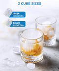 Two glasses with ice cubes from countertop ice maker with handle portable self cleaning ice machine 26 lbs per day 8 cubes ready in about 6 minutes great for home kitchen bar party grey, showing large and small cube sizes.