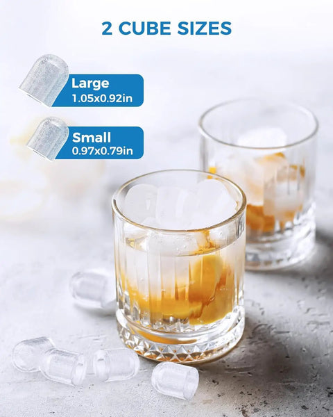 Two glasses with ice cubes from countertop ice maker with handle portable self cleaning ice machine 26 lbs per day 8 cubes ready in about 6 minutes great for home kitchen bar party grey, showing large and small cube sizes.