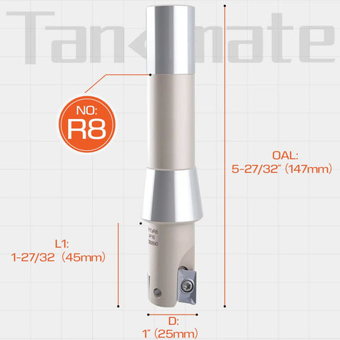 Nickel Plated 1 Inch Indexable End Mill With 5 27 32 Inch Overall Length 90 Degree R8 Shank Two Flutes Includes APKT1604 Carbide Inserts