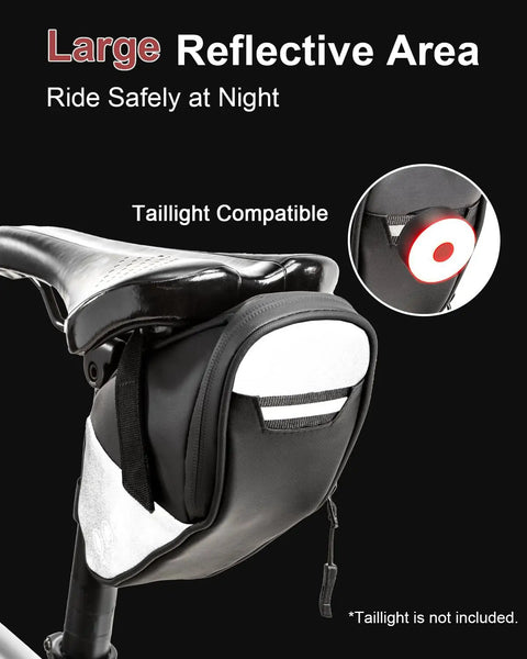 Water Resistant Under Seat Bike Bag 1L Saddle Pack For Mountain Road And City Commuter Bikes PVC Free Construction With 900D Oxford Fabric And PU Coating Rainproof Lightweight Easy Access Storage mounted on bike with reflective trim