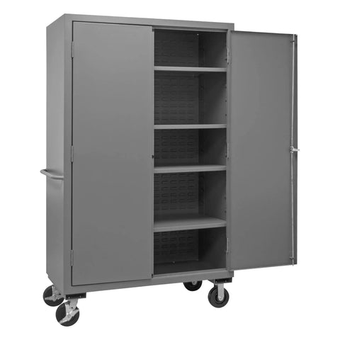 Rock Solid Locking Mobile Storage Cabinet With Four Adjustable Shelves And Flush Steel Doors 48 Inches Wide Gray Heavy Duty Storage Unit on wheels.