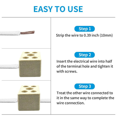 Ceramic terminal block wire connectors with white braided wire; close-up strip, front and installed views.