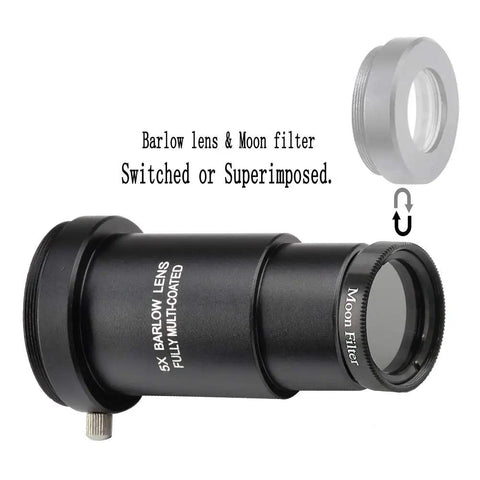1.25 Inch 5X Barlow Lens And Moon Filter Kit showing lens and filter assembly for telescope eyepieces.