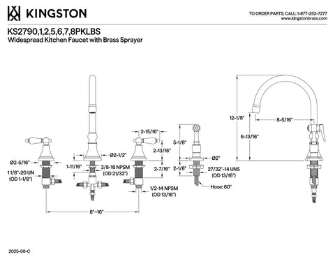 Technical diagram of Duchess Widespread Kitchen Faucet Sprayer In Polished Brass, Solid Brass Build, Deck Mount, measurements included.