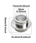 Aluminum Inline Skate Bearing Spacers Set Of 10 For 8mm Axles, detailed measurements on silver self-centering bushing