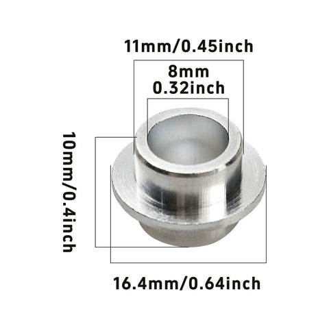 Aluminum Inline Skate Bearing Spacers Set Of 10 For 8mm Axles, detailed measurements on silver self-centering bushing