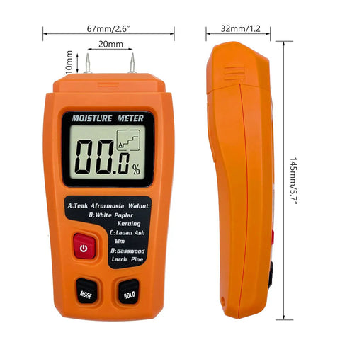 Pro Grade Wood Moisture Meter Digital Humidity Tester for Timber with Large LCD, Orange Case, Four Modes A and B Teak Walnut Afrormosia