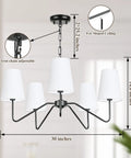 5 Light Modern Chandelier With White Fabric Shades, Sleek Black Dope Ceiling Pendant For Dining Room Living Room Hallway And Bedroom, Adjustable Height, E12 Base Hanging Lamp, Contemporary Pendant Lighting measuring 30 inches wide with adjustable iron chain.
