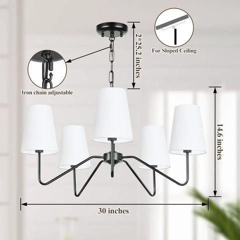 5 Light Modern Chandelier With White Fabric Shades, Sleek Black Dope Ceiling Pendant For Dining Room Living Room Hallway And Bedroom, Adjustable Height, E12 Base Hanging Lamp, Contemporary Pendant Lighting measuring 30 inches wide with adjustable iron chain.