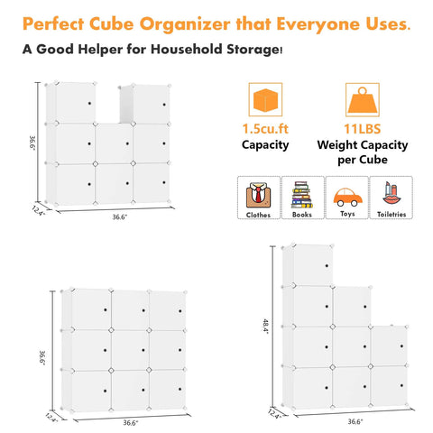 Dimensions of 9 Cube Storage Organizer With Doors For Bedroom And Living Room, DIY Plastic Modular Bookshelf Closet Cabinet, 9 Compartment Space Saving Shelves In Milky Finish For Books Toys And Decor shown from different angles