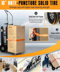 Heavy Duty Electric Stair Climbing Dolly Cart With 1200W Motor And Ergonomic Grip Makes Moving Heavy Loads Up Stairs A Total Breeze For One Guy with 10 inch anti-puncture tires and cargo safety strap.