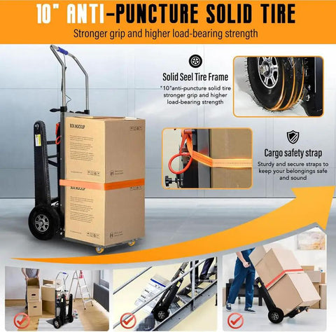 Heavy Duty Electric Stair Climbing Dolly Cart With 1200W Motor And Ergonomic Grip Makes Moving Heavy Loads Up Stairs A Total Breeze For One Guy with 10 inch anti-puncture tires and cargo safety strap.