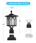 Solar Post Light Outdoor Cast Aluminum LED Lamp Fixture With 3 Inch Fitter Base, shown with dimensions for easy installation.