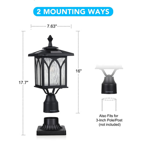 Solar Post Light Outdoor Cast Aluminum LED Lamp Fixture With 3 Inch Fitter Base, shown with dimensions for easy installation.