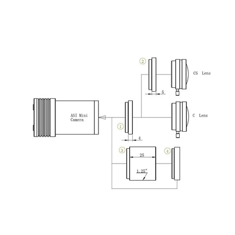 Diagram showing lens and sensor connections for 1.2MP Monochrome Astronomy Camera With 1280x960 CMOS Sensor, USB Type-C, ST4 Port.