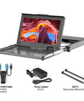15.6 Inch HDMI KVM Console With Eight Port Switch And Hotkey Control, 1U Rackmount Server Monitor displayed in open position with cables.